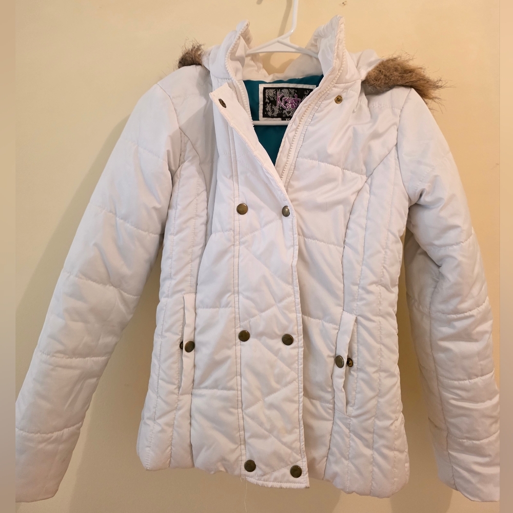 white faux-fur hooded puffer jacket